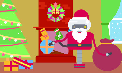 Santa Claus Robot in house with gifts near the Christmas tree at home. Personal household robot futuristic concept illustration vector.