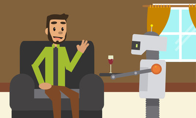Domestic robot brings glass of red wine drink to his owner sitting at sofa. Personal robot assistance futuristic concept illustration vector.