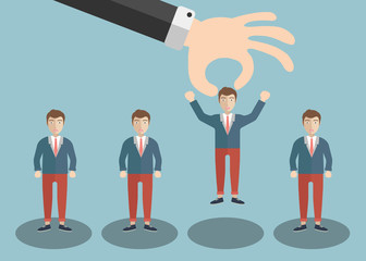 Choosing the best candidate for the job concept. Hand picking up a businessman stick figure from the row. Flat design