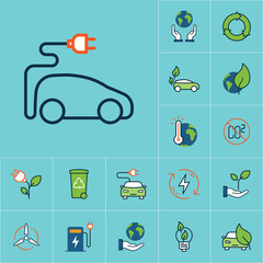 flat color electric car icon, green energy set