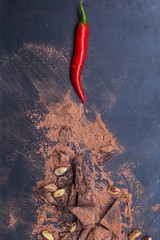 red chili peppers and dark chocolate pieces
