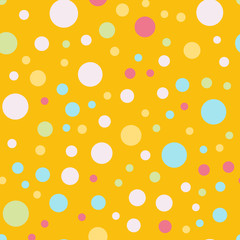 Colorful polka dots seamless pattern on bright 4 background. Unique classic colorful polka dots textile pattern. Seamless scattered confetti fall chaotic decor. Abstract vector illustration.