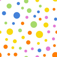 Colorful polka dots seamless pattern on white 2 background. Beauteous classic colorful polka dots textile pattern. Seamless scattered confetti fall chaotic decor. Abstract vector illustration.