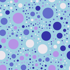 Colorful polka dots seamless pattern on bright 27 background. Bizarre classic colorful polka dots textile pattern. Seamless scattered confetti fall chaotic decor. Abstract vector illustration.
