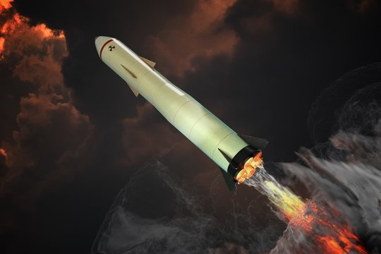Launch of nuclear missile. A lot of smoke around. 3D rendered illustration.