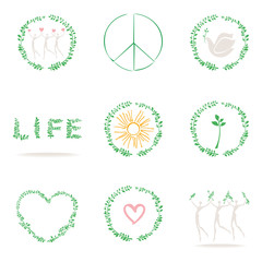Set of conceptual icons. Symbols of life, nature, peace, love, health.