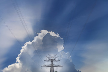 Stromtrasse, Hochspannungsleitung, Überlandleitung, Strom, Starkstrom, Energie, Wolken