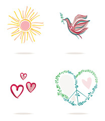 Set of four vector concept icons of a hearts and sun, peace symbol and pigeon with green twig.