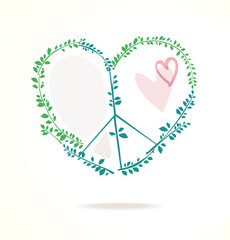 Vector icon of a combination of peace symbol with heart and green foliage.