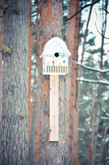 wooden birdhouse attached to a tree in winter forest