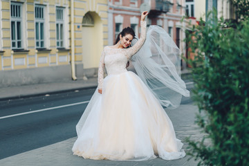 Fototapeta na wymiar Portrait of a beautiful girl in a wedding dress posing
