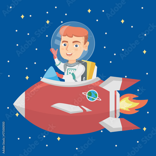 Little Caucasian Happy Smiling Boy Wearing Space Suit And