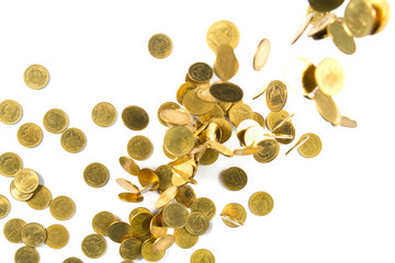 Top view of Falling gold coins money isolated on the white background, business concept.