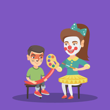 Caucasian woman animator painting the face of a little boy for a party. Animator drawing a cat makeup on the face of a boy. Children holiday, party concept. Vector cartoon illustration. Square layout.