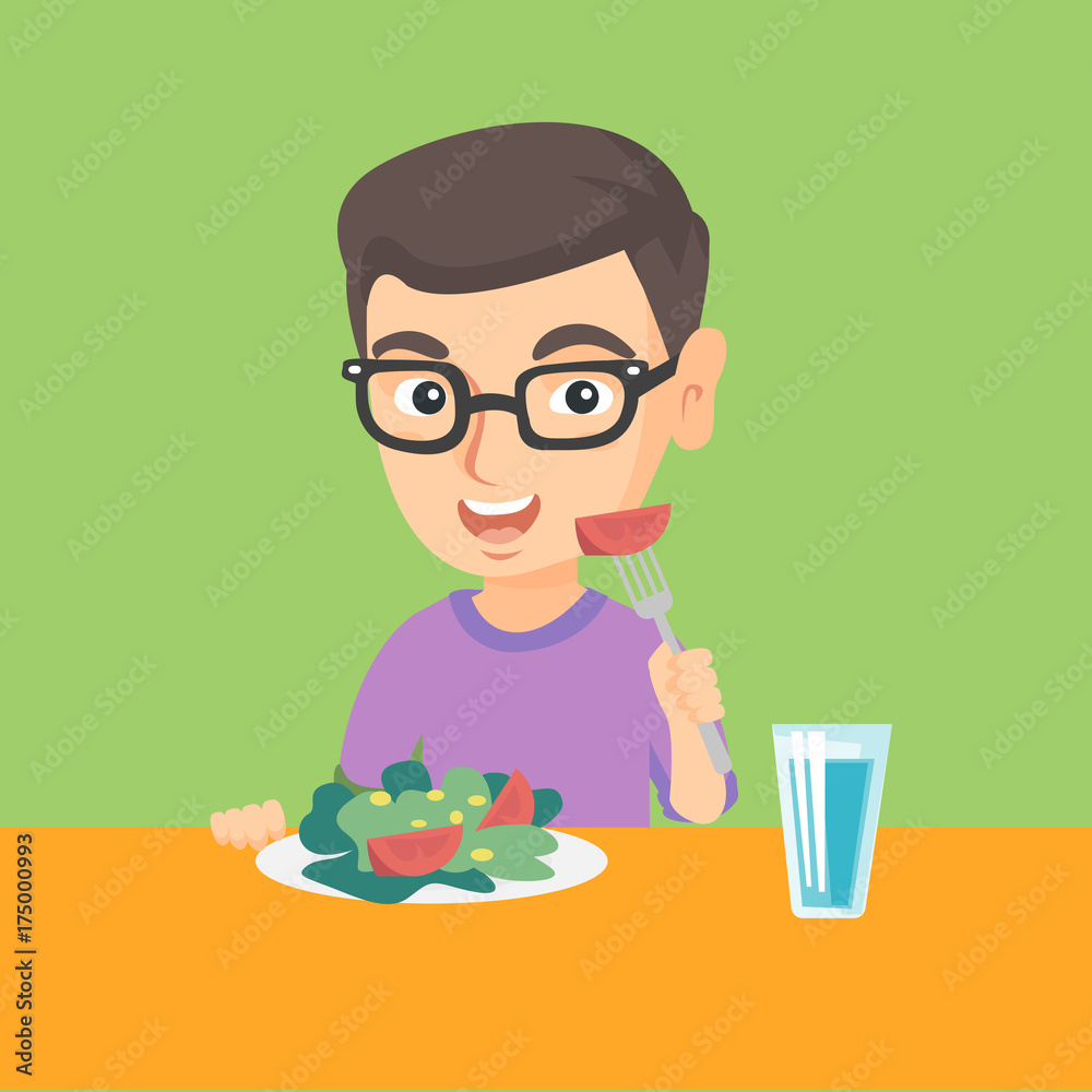 Sticker little caucasian boy holding fork with tomato and sitting at the table with plate full of healthy ve