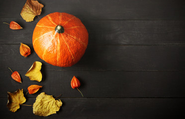 Pumpkin with yellow autumn leaves and physalis on a dark wooden background. Minimalism