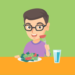 Little caucasian boy holding fork with tomato and sitting at the table with plate full of healthy vegetable salad. Cheerful boy eating vegetable salad. Vector cartoon illustration. Square layout.