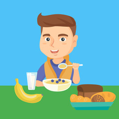 Happy caucasian boy sitting at the table with bowl of porridge, bread, banana and glass of milk. Little boy eating porridge with blueberries for breakfast. Vector cartoon illustration. Square layout.