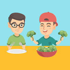 Happy caucasian boy sitting at the table and eating broccoli with pleasure while his sad brother does not want to eat broccoli. Healthy nutrition for kids. Vector cartoon illustration. Square layout.