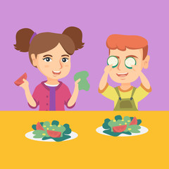 Happy caucasian boy and girl playing with vegetables. Little children having fun with vegetables. Cheerful kids sitting at the table with vegetables. Vector cartoon illustration. Square layout.