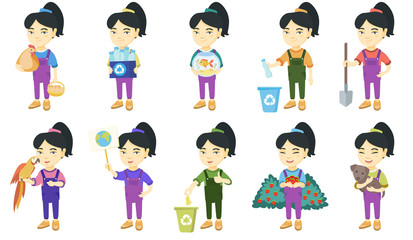 Little asian girl set. Girl throwing plastic bottle, banana peel in recycle bin, holding a shovel, pet parrot, small dog. Set of vector sketch cartoon illustrations isolated on white background.