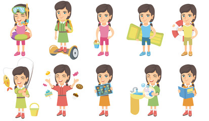 Little caucasian girl set. Girl riding on self-balancing electric scooter, holding pail, shovel, inflatable mattress, lifebuoy. Set of vector sketch cartoon illustrations isolated on white background