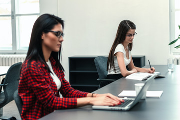 Two businesswomen in office working on project.