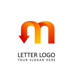 letter M logo template orange round ribbon with arrow head