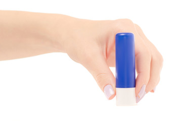 Female hand hygienic lip balm