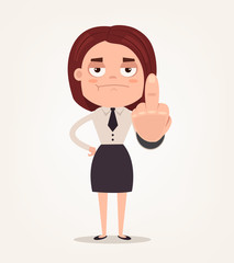 Unhappy angry boss office worker employee woman showing middle finger and show disrespect. Vector flat cartoon illustration 