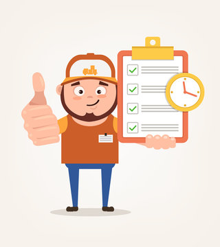 Happy smiling delivery man courier character hold check list. Vector flat cartoon illustration