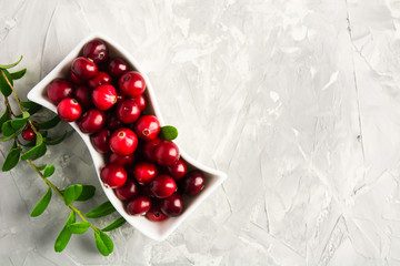 Fresh cranberry in figure saucepan on grey background with copy space