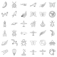 Fly icons set, outline style