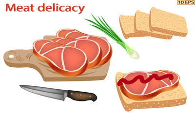 Smoked meat. Meat delicacies. Smoked pork. Delicious pork on white background. Meat products. Vector illustration.