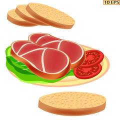 Smoked meat. Meat delicacies. Smoked pork. Delicious pork on white background. Meat products. Vector illustration.