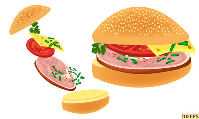 Cheeseburger. Sandwich.  Cheeseburger with smoked pork. Bun with butter, cheese, tomatoes, parsley and delicacy meat. Vector illustration.