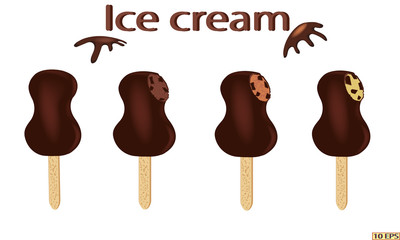 Classic Ice cream on a stick. Vector ice cream. Sundae. Chocolate ice cream. Sundae drizzled with chocolate. Dessert. The ice cream in chocolate with nuts. Sundae caramel. Vector illustration.