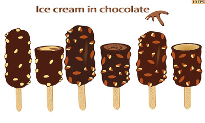 Classic Ice cream on a stick. Vector ice cream. Sundae. Chocolate ice cream. Sundae drizzled with chocolate. Dessert. The ice cream in chocolate with nuts. Sundae caramel. Vector illustration.