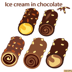 Classic ice cream. Chocolate ice cream. Sundae bowl and Ice cream balls with chocolate. Dessert. Ice caramel cream drizzled with chocolate. Vector illustration.