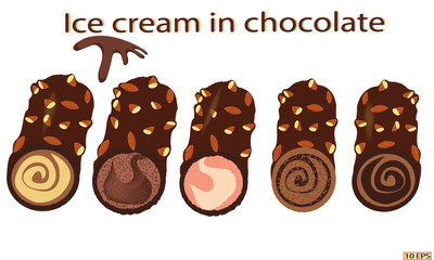 Classic ice cream. Chocolate ice cream. Sundae bowl and Ice cream balls with chocolate. Dessert. Ice caramel cream drizzled with chocolate. Vector illustration.