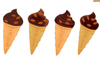 Ice cream cone. Ice cream in a waffle cup. The ice cream in chocolate with nuts. Ice caramel cream drizzled with chocolate. Chocolate ice cream. Fruit ice cream. Vector illustration.