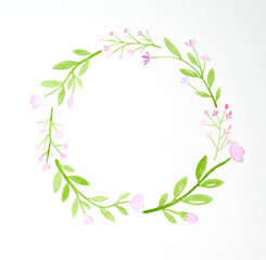 Hand drawing flowers in watercolor style on white paper background, flowers wreath with copy space for text, greeting card background, banner