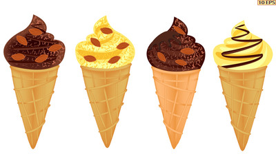 Ice cream cone. Ice cream in a waffle cup. The ice cream in chocolate with nuts. Ice caramel cream drizzled with chocolate. Chocolate ice cream. Fruit ice cream. Vector illustration.