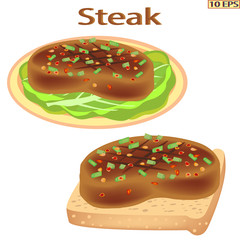 Fried cutlet. Meatballs and bread. The roasted steak on the plate isolated on white background. Meat rissoles, spices and green vegetables. Vector illustration for a recipe, restaurant menu