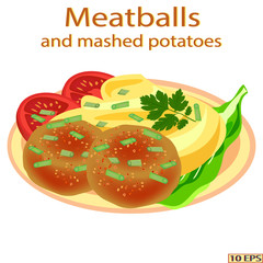 Meatballs and mashed potatoes. Steak grilled. Meat rissole, potato, green vegetables and tomatoes in the plate. Fried cutlet and garnish. Vector illustration.