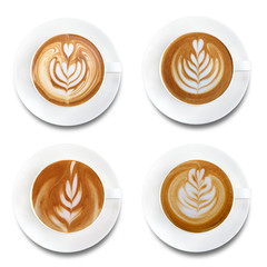 Top view of hot coffee latte art set isolated on white background.Collection