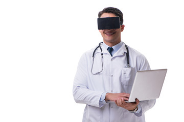 Fototapeta premium Doctor wearing a vr virtual reality headset isolated on white ba
