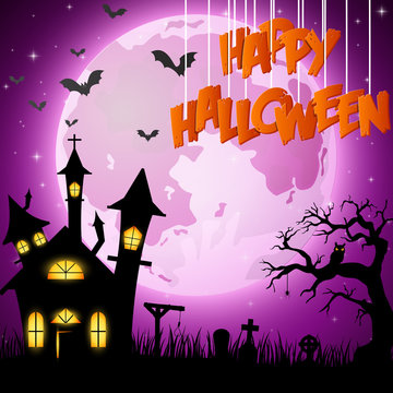 Halloween background with church on the full moon