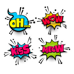 wow meow kiss love oh set lettering. Comics book balloon. Bubble icon speech pop art phrase. Cartoon font label expression. Comic text sound effects. Vector illustration.