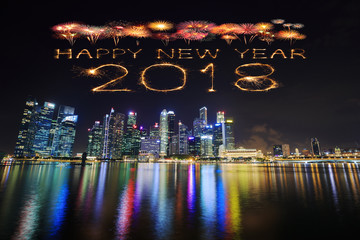 2018 Happy new year firework Sparkle with central business district building of Singapore at night